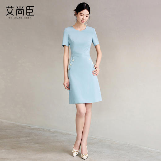 艾尚臣蓝色连衣裙2025新款小香风时尚气质收腰显瘦女中长款裙子 商品图3
