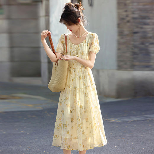【专属特价】熙世界度假风黄色碎花连衣裙女夏天新款法式独特漂亮收腰掐腰裙子 商品图3