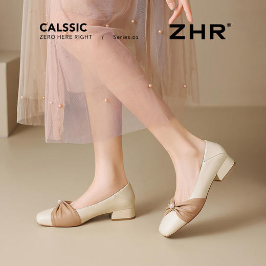 ZHR粗跟浅口玛丽珍鞋女蝴蝶结珍珠奶奶鞋轻便两穿女鞋法式小皮鞋 商品图7
