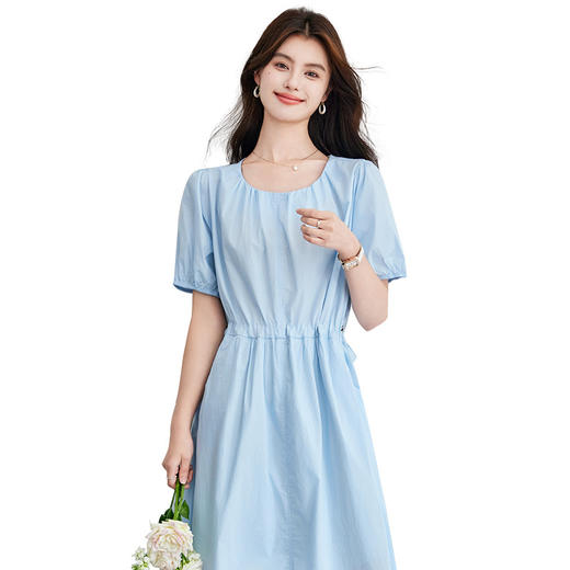 百媚生 纯棉短袖连衣裙女夏季抽褶系带收腰裙子55024 商品图4