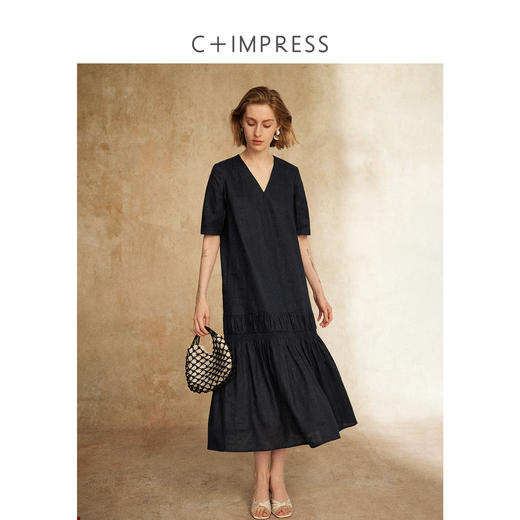 C+IMPRESS/西嘉亚麻精梳棉 法式度假松弛感v领短袖连衣裙女夏白色 商品图0