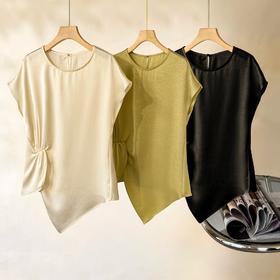 「自」全新升级【铂金会员312/天猫419/差价107】(22134)洛诗琳褶皱桑蚕丝衬衫2025年夏季收腰圆领不规则设计感小衫