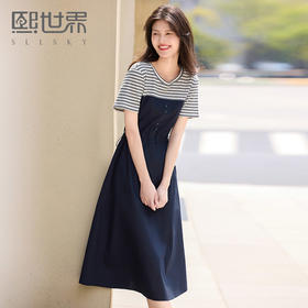 熙世界撞色条纹拼接连衣裙女短袖时尚收腰假两件裙子2025夏季新款