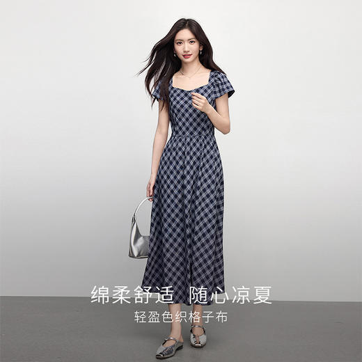 熙世界航海系法式复古格纹连衣裙女夏季飞飞袖方领裙子2025年新款 商品图2