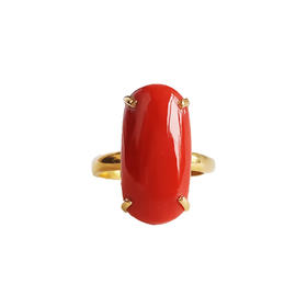 【天然正品】AU750黄金镶天然沙丁红珊瑚戒指19号（戒圈可改）中性款现售价：3980！030425AH27