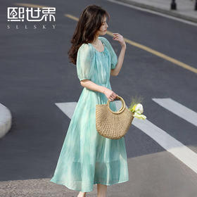 【专属特价】熙世界度假风轻盈天丝连衣裙女夏季2025年新款收腰显瘦泡泡袖裙子