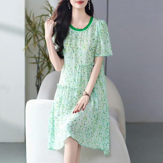 丁摩 夏日新款小个子真丝绿色碎花宽松A版显瘦桑蚕丝连衣裙女夏5ZF-69499 商品图0