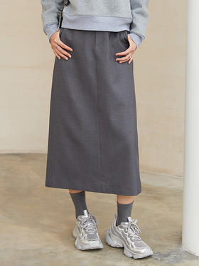 新款灰色高腰直筒半身裙 中长款开叉设计通勤西装裙 显瘦百搭 OL 风一步裙