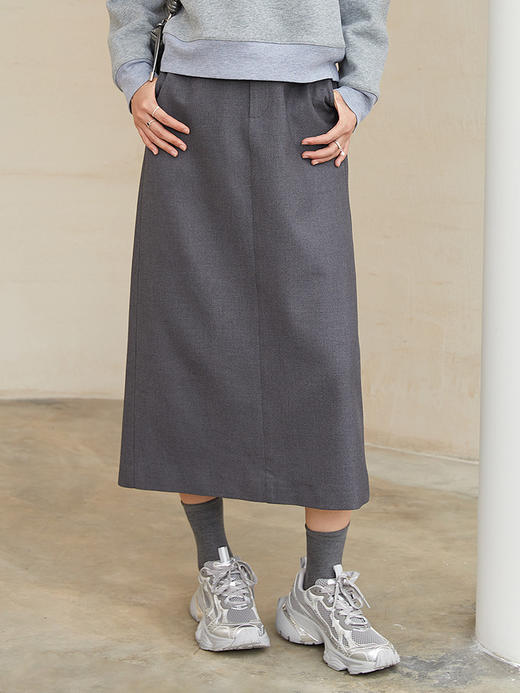新款灰色高腰直筒半身裙 中长款开叉设计通勤西装裙 显瘦百搭 OL 风一步裙 商品图0