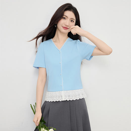 【专属特价】熙世界设计感蕾丝花边T恤女短袖时尚洋气正肩小衫上衣2025夏新款 商品图4