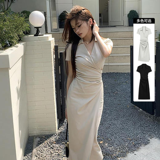 西遇褶皱收腰连衣裙女夏季新款设计感polo领修身短袖裙子SS050985 商品图0
