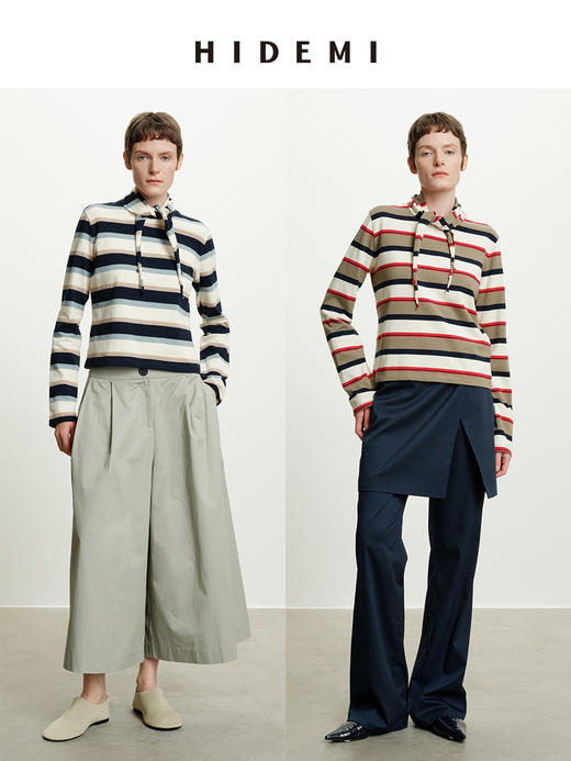HIDEMI 趣味撞色条纹自然色织纯棉分体领巾设计感两件套长袖T 商品图0