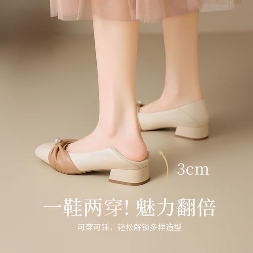 ZHR粗跟浅口玛丽珍鞋女蝴蝶结珍珠奶奶鞋轻便两穿女鞋法式小皮鞋 商品图5
