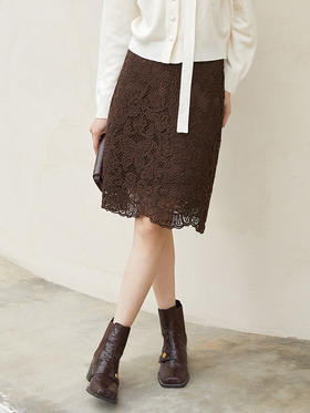 2025 秋冬新款复古棕色蕾丝半身裙 蝴蝶花纹高腰显瘦包臀裙 优雅气质中长款镂空一步裙
