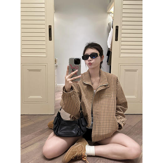 EKOOL衣库 美拉德系复古格子外套女春秋宽松显瘦拉链开衫立领上衣 商品图0