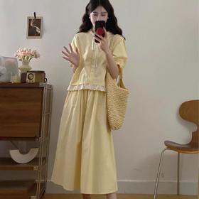 套装【韩系2025】黄色拼木耳边蕾丝上衣➕半身裙两件套-喜出