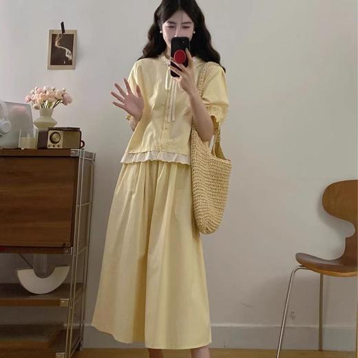 套装【韩系2025】黄色拼木耳边蕾丝上衣➕半身裙两件套-喜出 商品图0