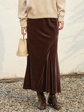 黑色丝绒高腰 A 字长裙 松紧腰垂感大摆裙 秋冬复古优雅丝绒半身裙