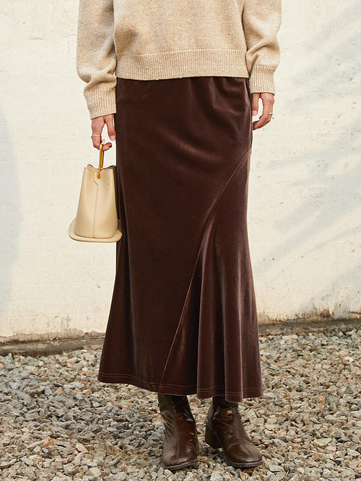 黑色丝绒高腰 A 字长裙 松紧腰垂感大摆裙 秋冬复古优雅丝绒半身裙 商品图0