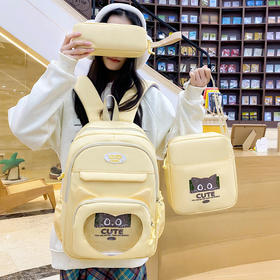 【新款书包三件套，大容量猫咪双肩包！】新款学生书包中小学生背包三件套 大容量可爱猫咪上课双肩包-QQ