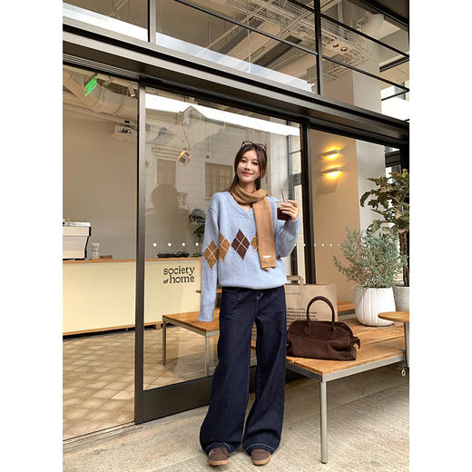 EKOOL撞色菱格套头毛衣女秋季宽松落肩V领上衣 商品图1