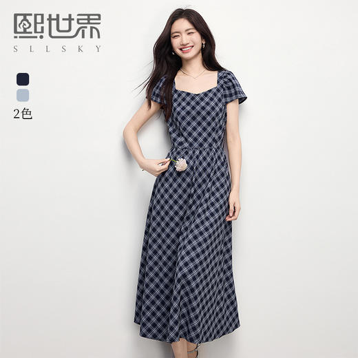 熙世界航海系法式复古格纹连衣裙女夏季飞飞袖方领裙子2025年新款 商品图0