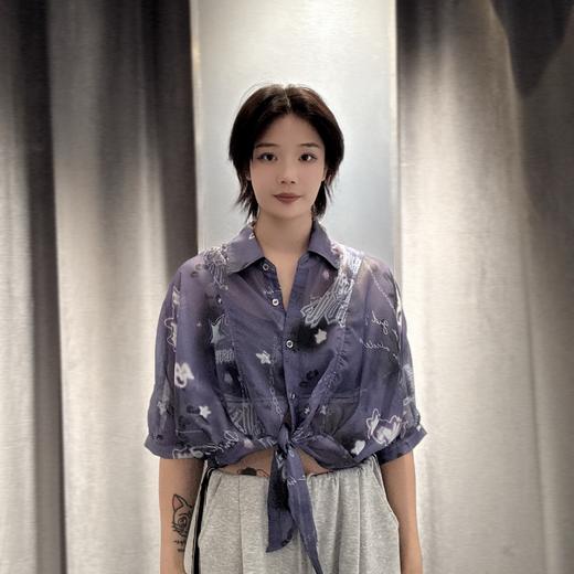 NC定制印花短款绑带五分袖衬衫（紫）A 夏季 152170030321 商品图0