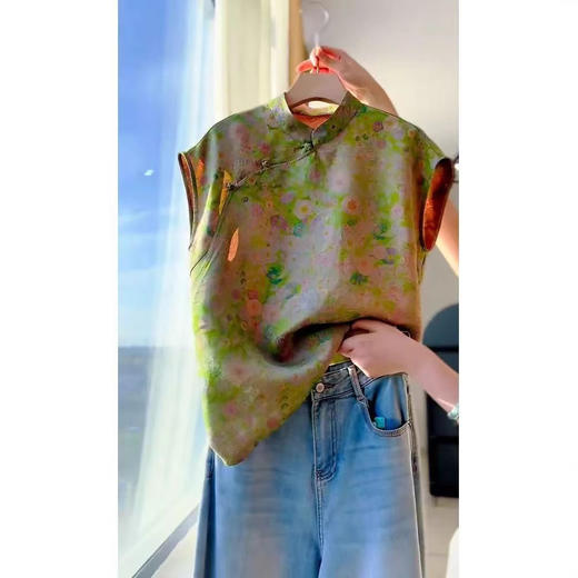 丁摩 新款新中式国风绿色提花旗袍小衫复古轻奢红罗上衣5ZF-066 商品图3