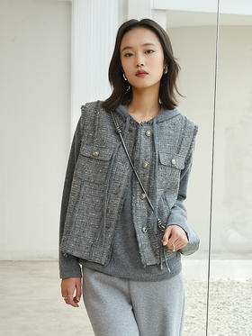 【夹棉】复古小香风粗花呢无袖马甲 秋冬流苏边金属扣装饰短款背心外套