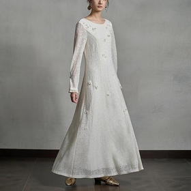 【林栖设计小店】【手工钉花】羊毛混纺连衣裙提花收腰2025秋季新款长裙女1953015