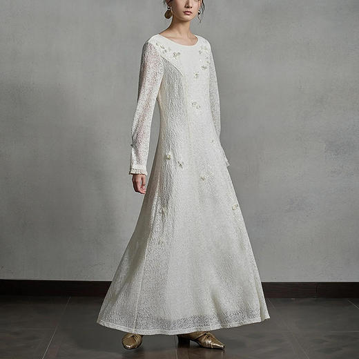 【林栖设计小店】【手工钉花】羊毛混纺连衣裙提花收腰2025秋季新款长裙女1953015 商品图0