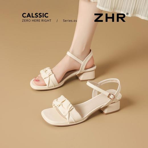 ZHR时装粗跟凉鞋2025夏季新款洋气褶皱一字凉鞋女网红ins高级女鞋 商品图6