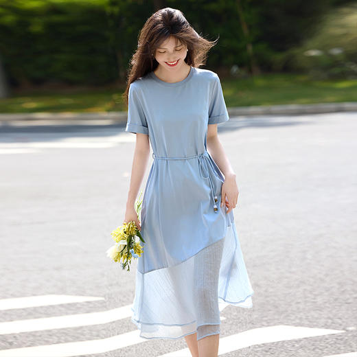 【周末秒杀】熙世界高级感蓝色连衣裙女2025新款夏季短袖棉质拼接天丝鱼尾裙子 商品图4