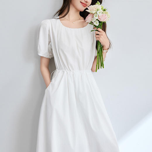 百媚生 纯棉短袖连衣裙女夏季抽褶系带收腰裙子55024 商品图2