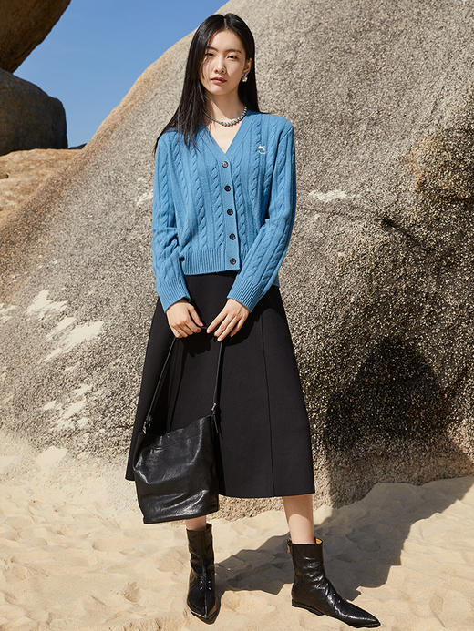 深棕纯色高腰 A 字半身裙 腰部双排扣装饰过膝大裙摆遮胯显瘦秋冬通勤气质优雅中长裙 商品图1