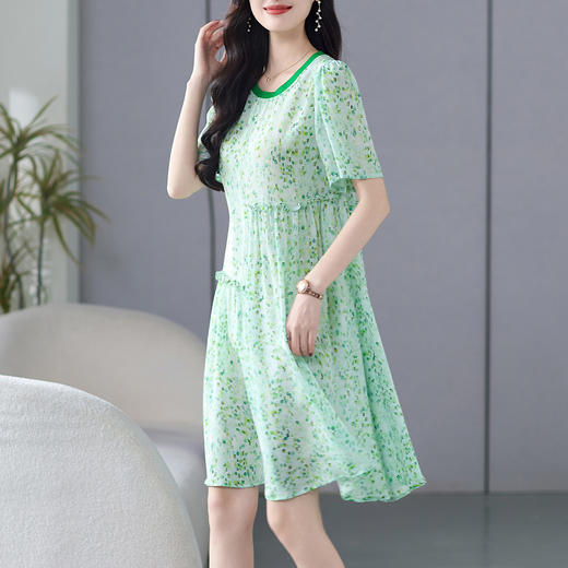 丁摩 夏日新款小个子真丝绿色碎花宽松A版显瘦桑蚕丝连衣裙女夏5ZF-69499 商品图2