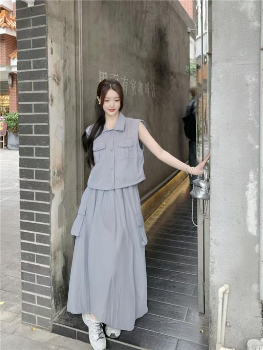 套装【韩系2025】838灰蓝超美色系工装风无袖上衣➕半身裙-喜出 商品图3