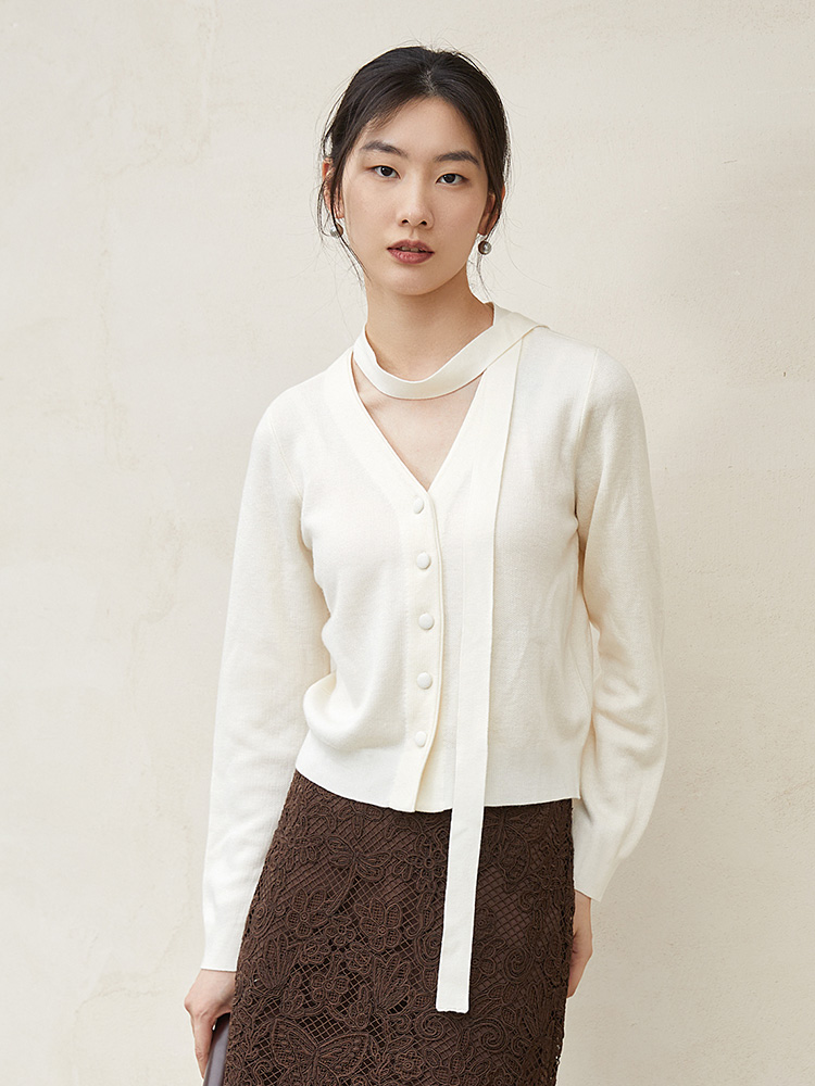 新款浅灰色设计感绑带针织开衫 假两件 V 领短款毛衣 小众气质修身百搭上衣