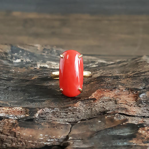 【天然正品】AU750黄金镶天然沙丁红珊瑚戒指19号（戒圈可改）中性款现售价：3980！030425AH27 商品图4