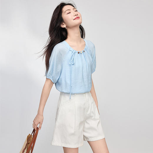 【专属特价】熙世界设计感串珠圆领衬衫女夏季度假风蓝色小衫短袖上衣2025新款 商品图4