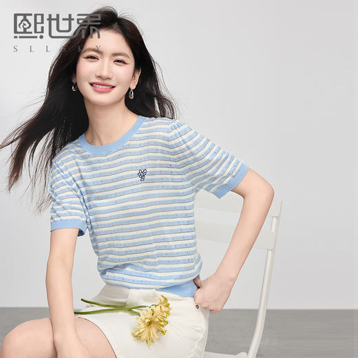 【五折购】熙世界莱赛尔条纹针织衫女夏季薄款航海系短袖圆领上衣2025年新款 商品图0