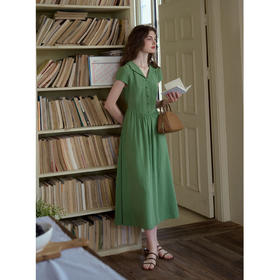 （小眠专属）SimpleRetro复古法式V领绿色连衣裙女衬衫裙