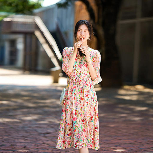 丁摩 时尚新品女装气质V领收腰印花真丝连衣裙A字摆中长款5ZF-90504 商品图0