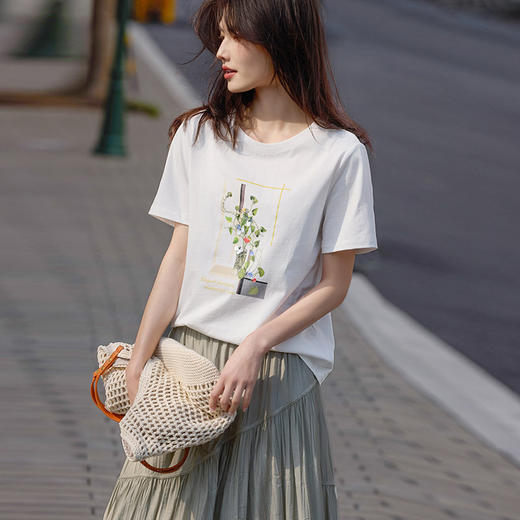 【专属特价】熙世界100%长绒棉T恤女短袖夏新款宽松烫钻绣花圆领正肩体恤上衣 商品图2