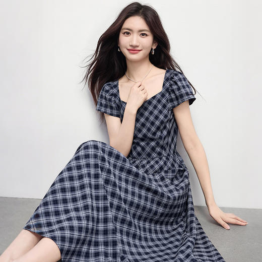 熙世界航海系法式复古格纹连衣裙女夏季飞飞袖方领裙子2025年新款 商品图4