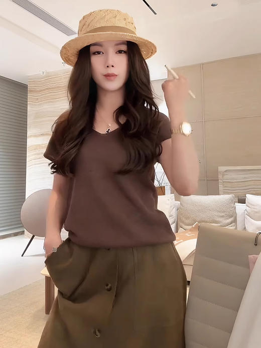 COCO ZONE刘一一 【棉莱赛尔混纺】简约V领纯色毛针织衫CD2A0613 商品图1