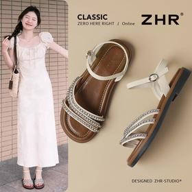 ZHR则则优雅气质细带水钻凉鞋女鞋2025夏季新款舒适平底凉鞋