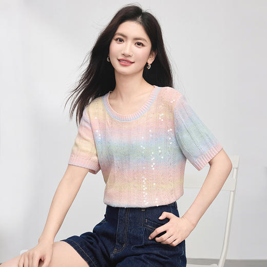 熙世界薄款超好看针织衫女短袖2025夏季新款圆领重工渐变亮片上衣 商品图4