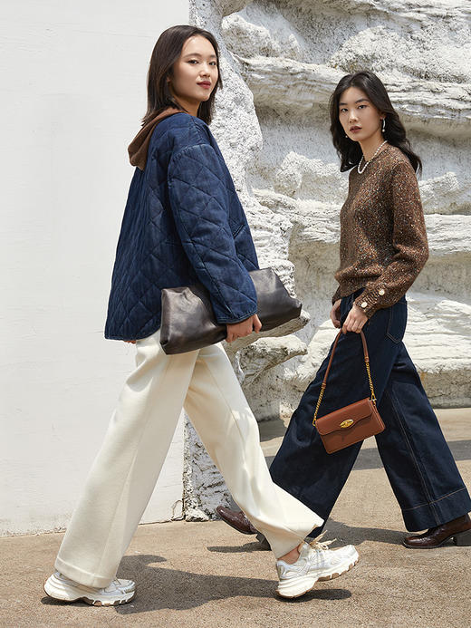 复古做旧水洗牛仔菱格绗缝夹棉外套 无领宽松廓形单排扣落肩袖休闲通勤保暖上衣 商品图1