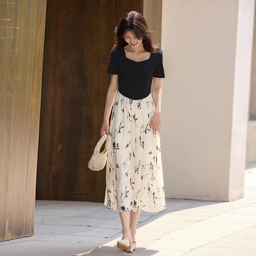 【周末秒杀】熙世界轻国风水墨印花假两件连衣裙女夏新款短袖拼接收腰a字裙子 商品图4